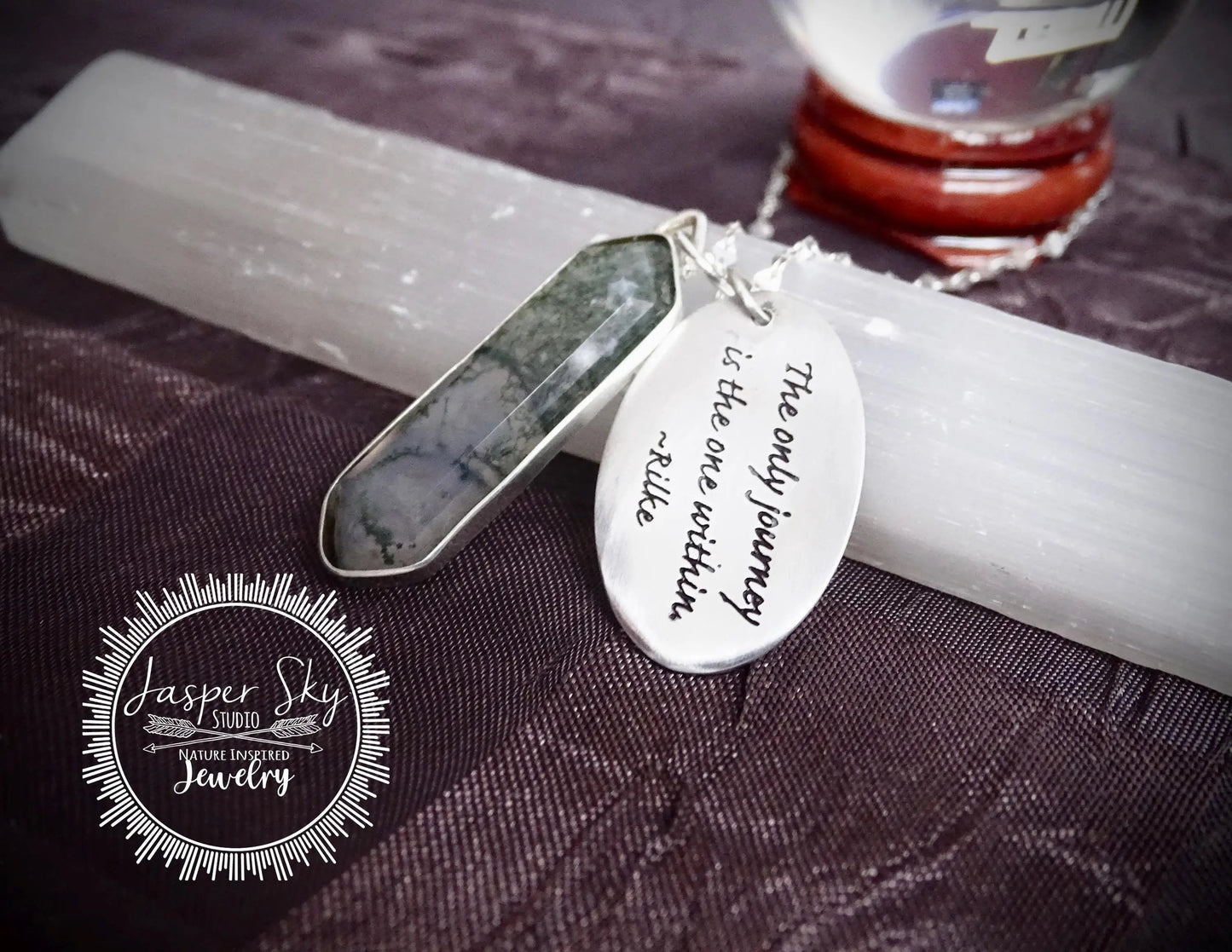 Engraved Moss Agate Pendant - Sterling Silver Rilke Quote - Inspirational Journey Gift   - Unique Holiday Gift