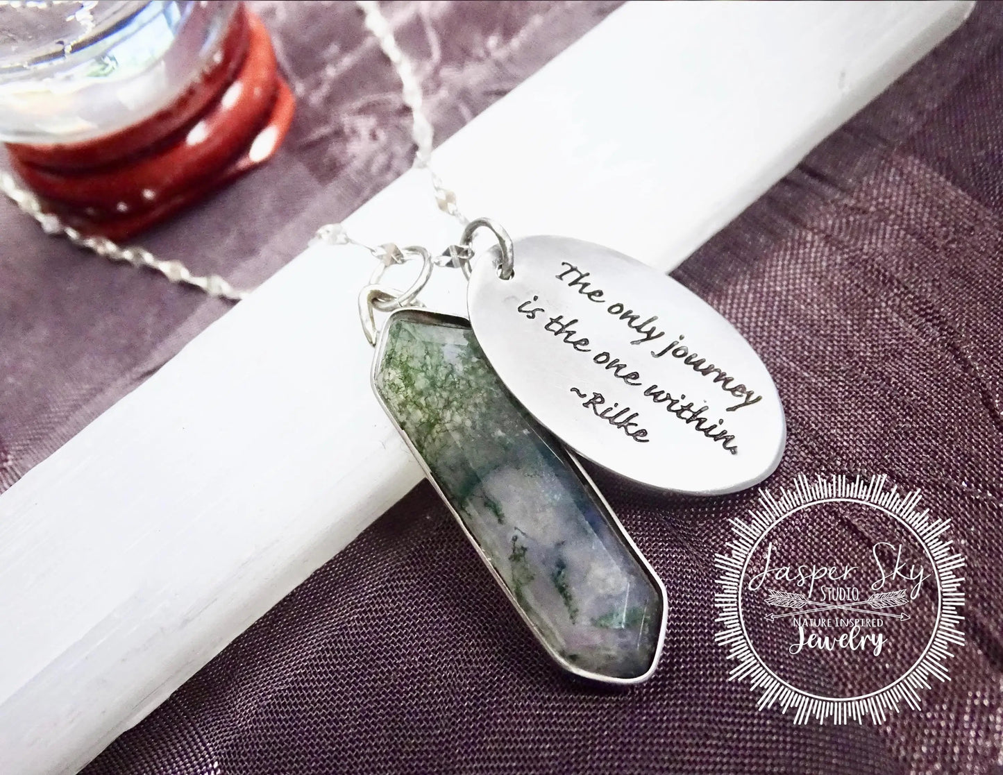Engraved Moss Agate Pendant - Sterling Silver Rilke Quote - Inspirational Journey Gift   - Unique Holiday Gift