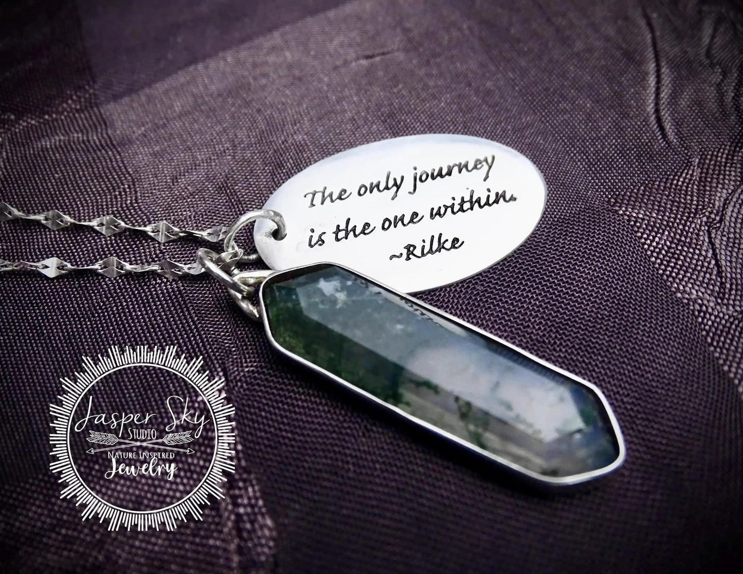 Engraved Moss Agate Pendant - Sterling Silver Rilke Quote - Inspirational Journey Gift   - Unique Holiday Gift