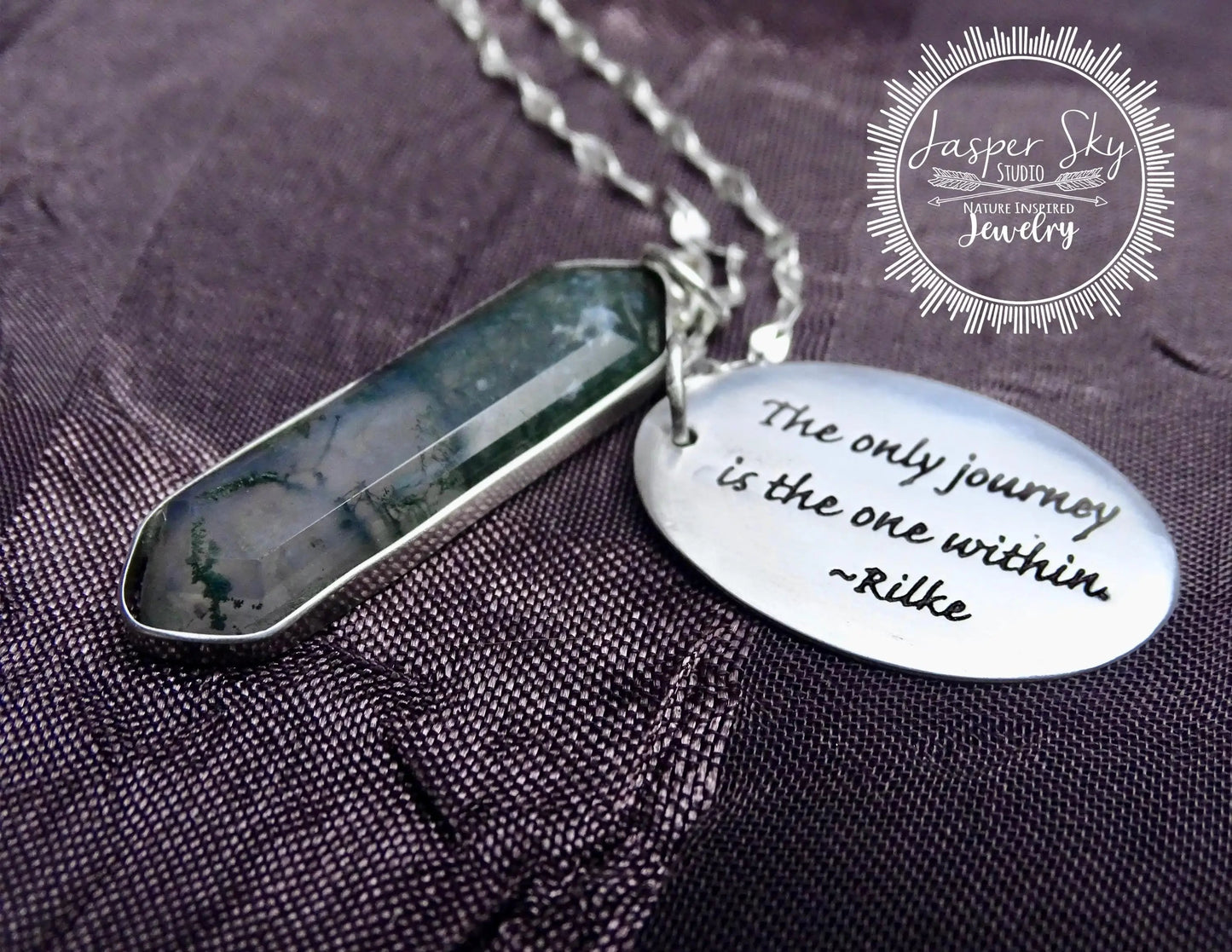 Engraved Moss Agate Pendant - Sterling Silver Rilke Quote - Inspirational Journey Gift   - Unique Holiday Gift