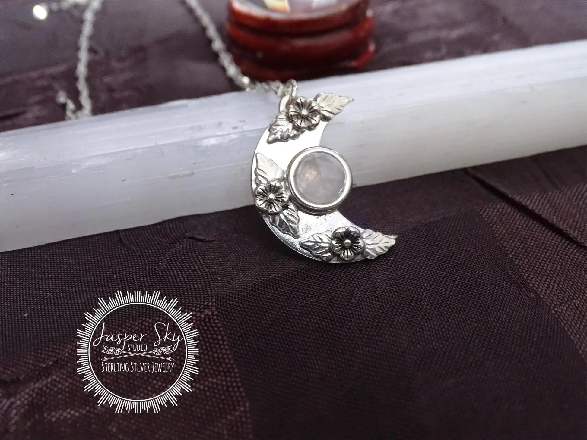 Floral Moon Pendant: Sterling Silver & Moonstone