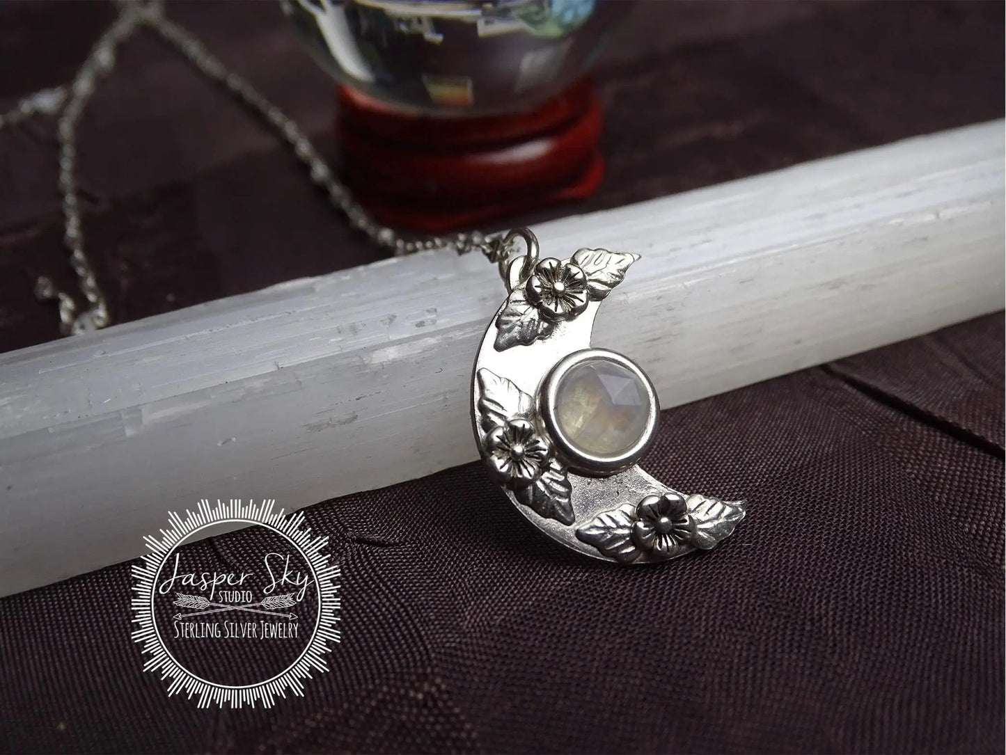 Floral Moon Pendant: Sterling Silver & Moonstone