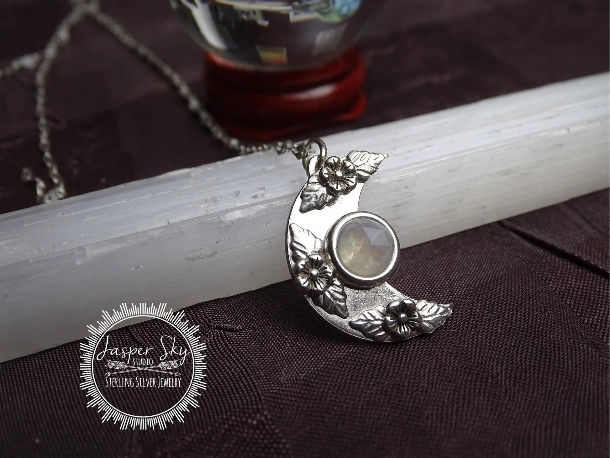 Floral Moon Pendant: Sterling Silver & Moonstone