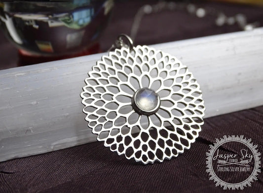Floral Pendant Sterling Silver, Handmade Chalcedony Necklace