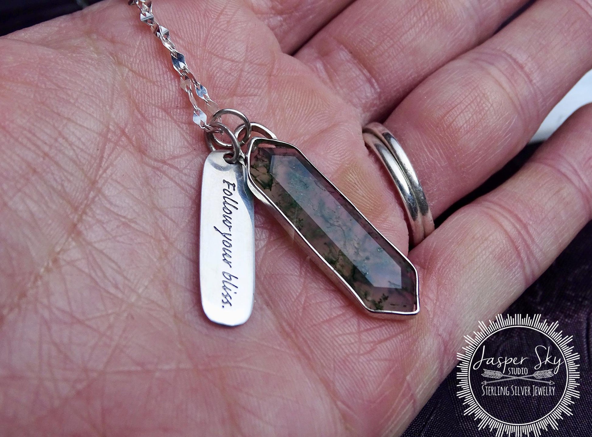 Handcrafted Moss Agate Necklace - Silver Long Hexagon with &quot;Follow Your Bliss&quot; Tag - Meaningful Gift