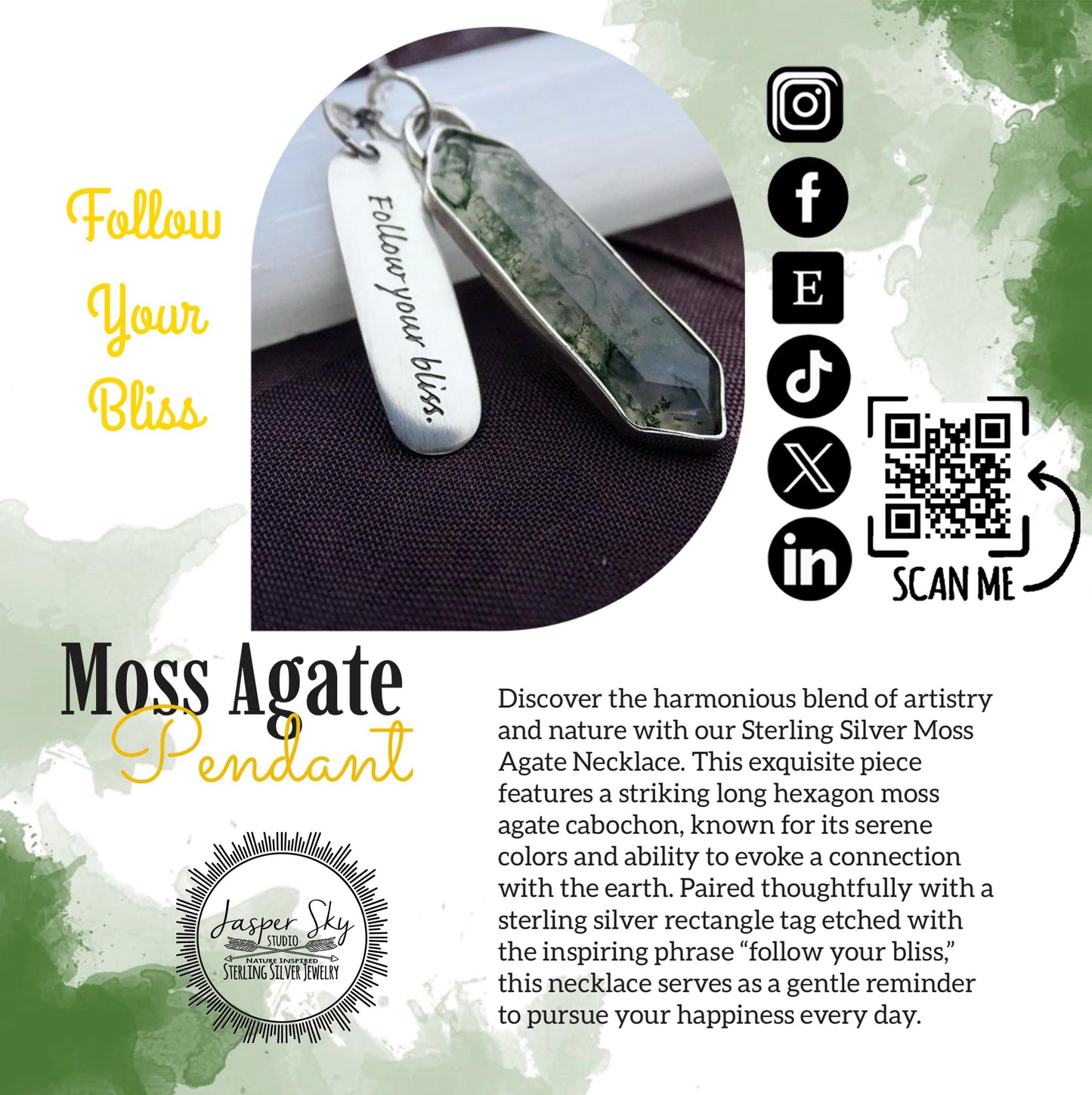 Handcrafted Moss Agate Necklace - Silver Long Hexagon with &quot;Follow Your Bliss&quot; Tag - Meaningful Gift