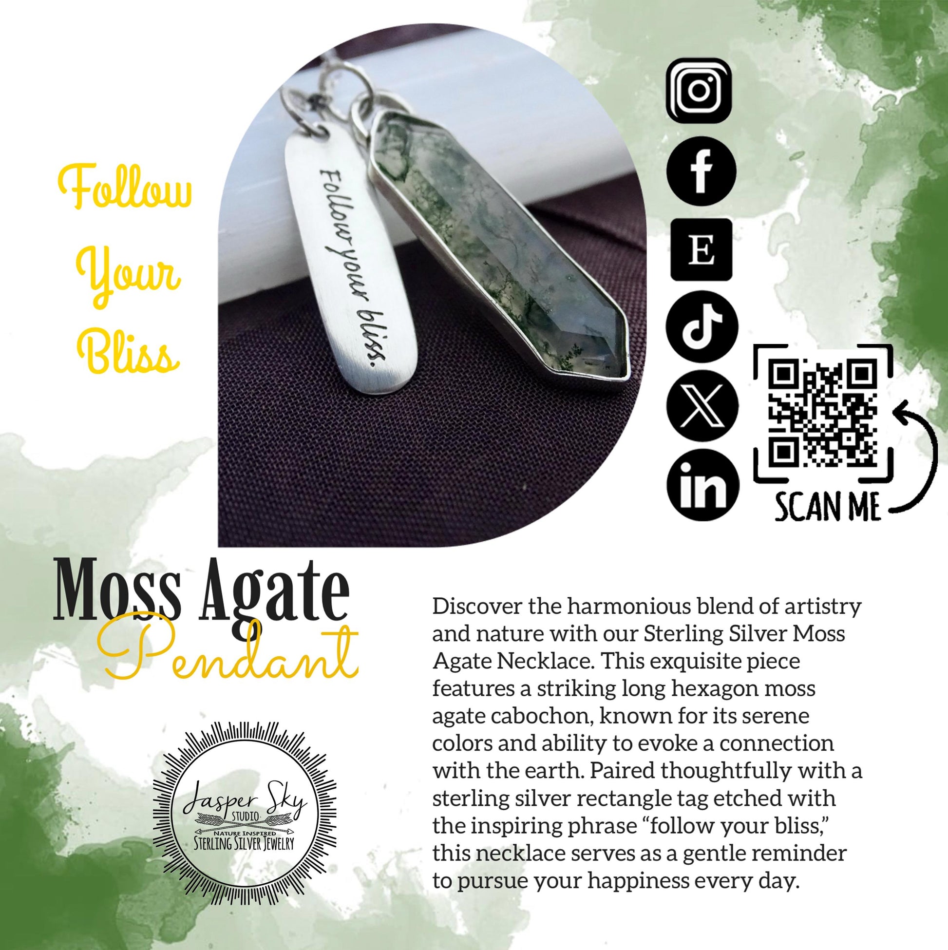 Handcrafted Moss Agate Necklace - Silver Long Hexagon with &quot;Follow Your Bliss&quot; Tag - Meaningful Gift