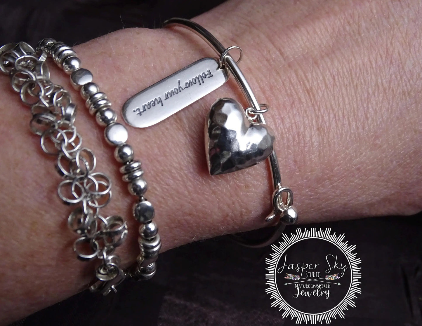 Handcrafted Sterling Silver Heart Charm Bangle Bracelet - Unique  Inspirational Jewelry - Gift for Christmas