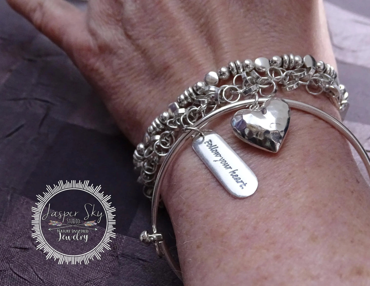Handcrafted Sterling Silver Heart Charm Bangle Bracelet - Unique  Inspirational Jewelry - Gift for Christmas
