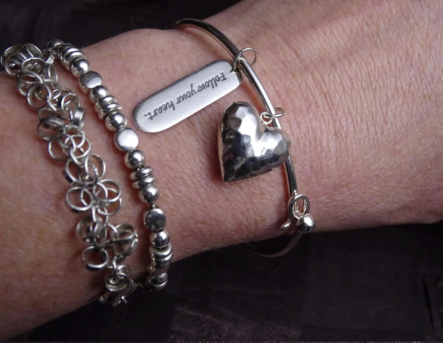 Handcrafted Sterling Silver Heart Charm Bangle Bracelet - Unique  Inspirational Jewelry - Gift for Christmas