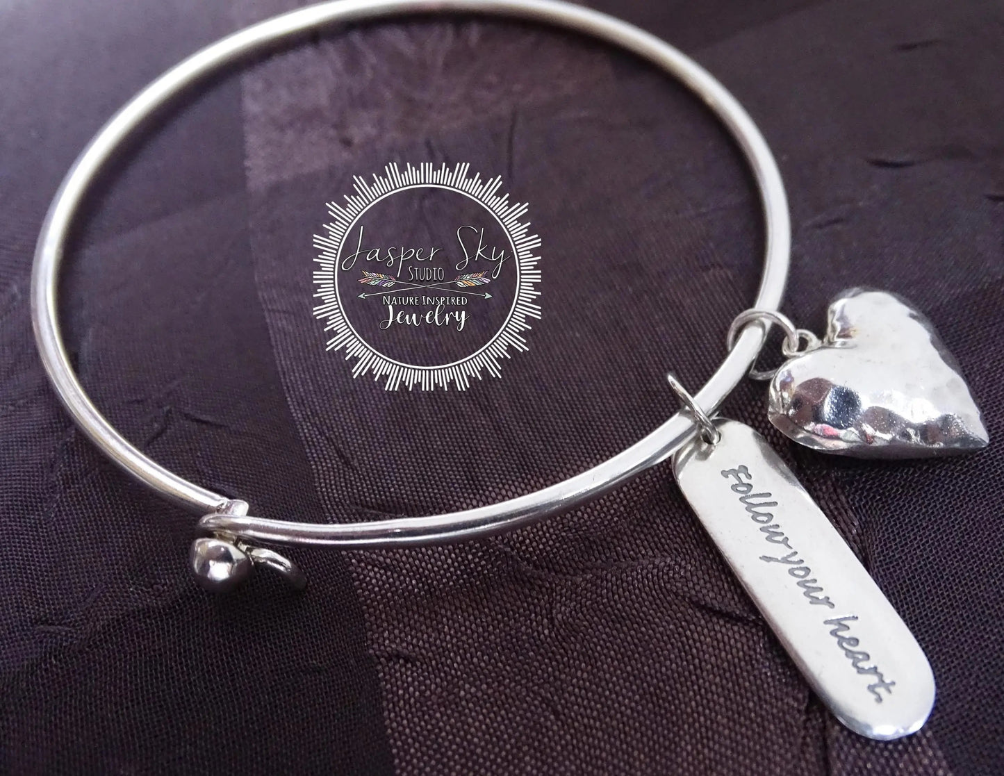 Handcrafted Sterling Silver Heart Charm Bangle Bracelet - Unique  Inspirational Jewelry - Gift for Christmas