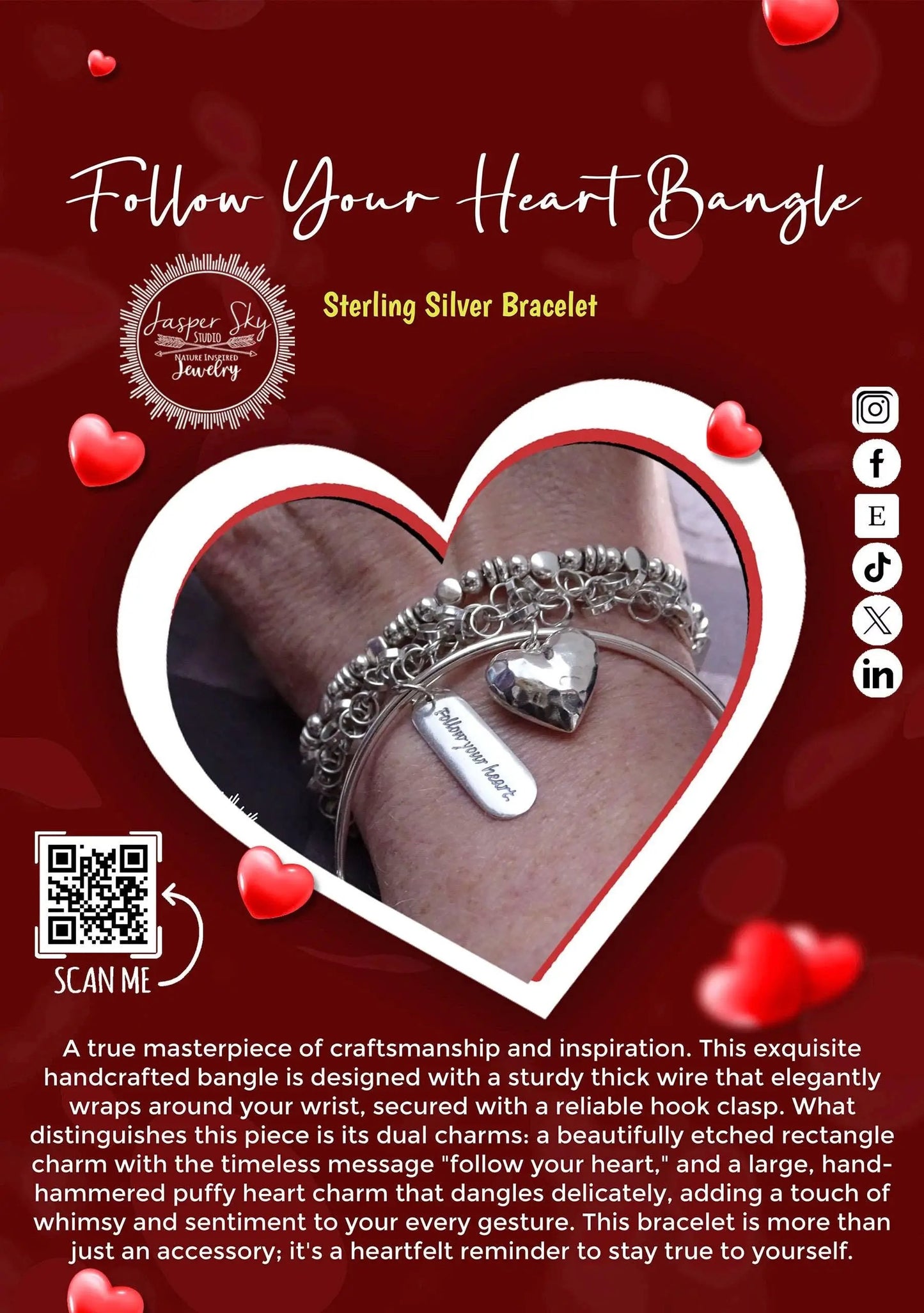 Handcrafted Sterling Silver Heart Charm Bangle Bracelet - Unique  Inspirational Jewelry - Gift for Christmas