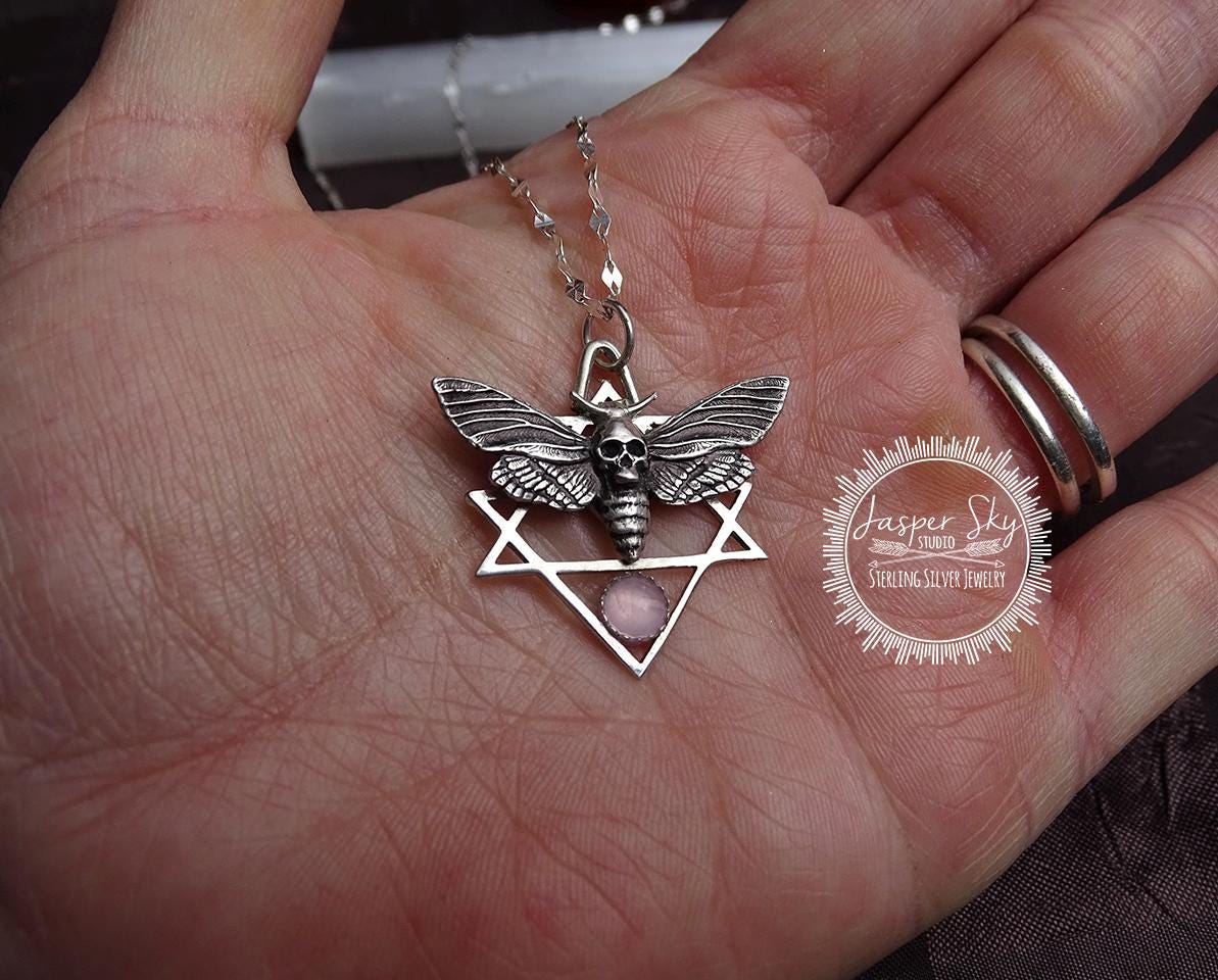 Unique Nature-Inspired Sterling Silver Death Moth Pendant with Rose Quartz - Perfect Necklace Gift for Her   - One of a Kind Holiday Gift