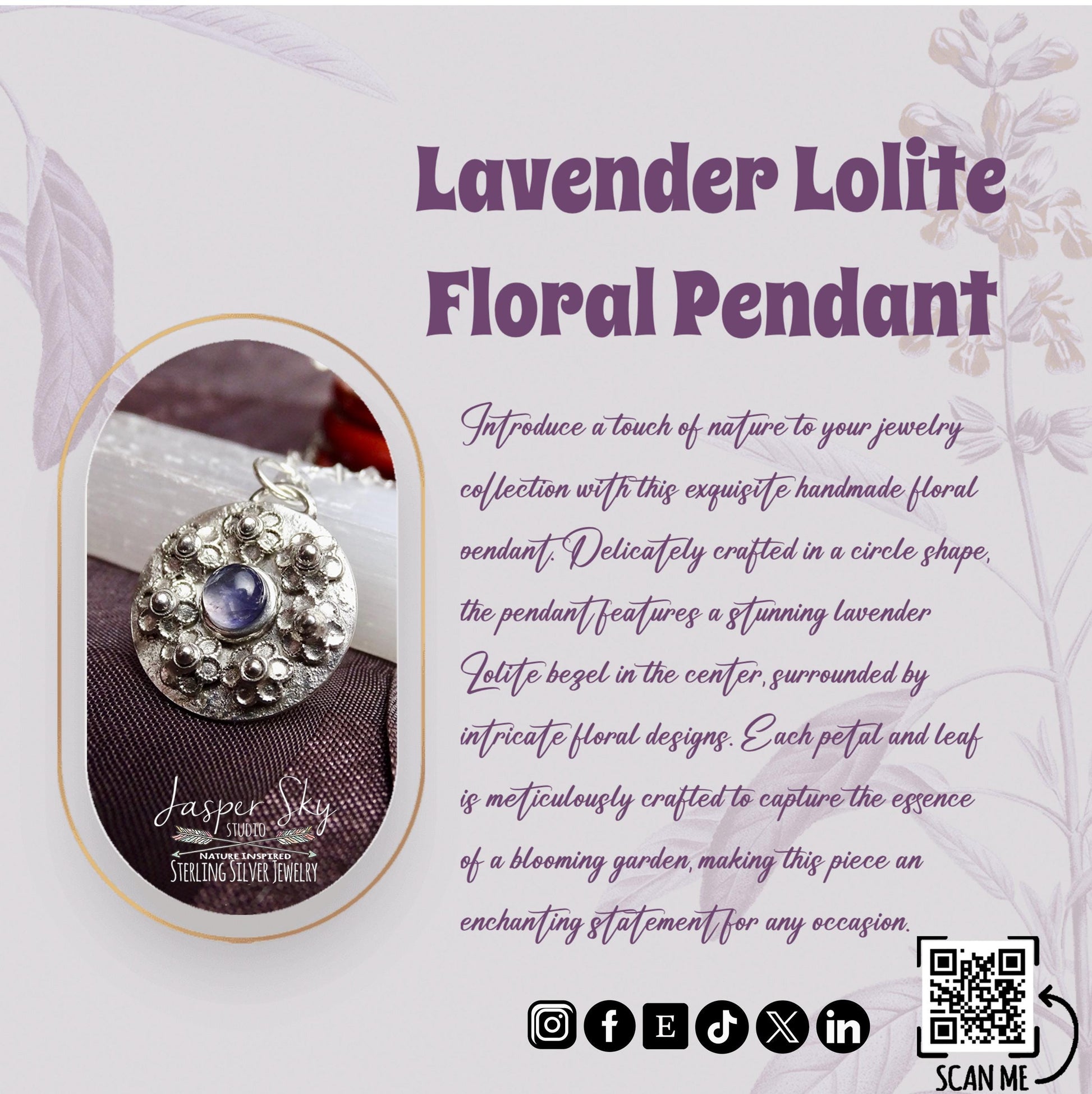 Floral Pendant Handmade Circle Jewelry, Lavender Lolite Flower Necklace for a Elegant Gift