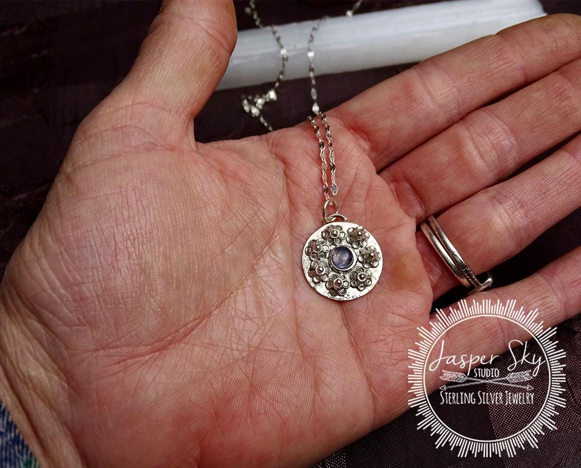 Floral Pendant Handmade Circle Jewelry, Lavender Lolite Flower Necklace for a Elegant Gift