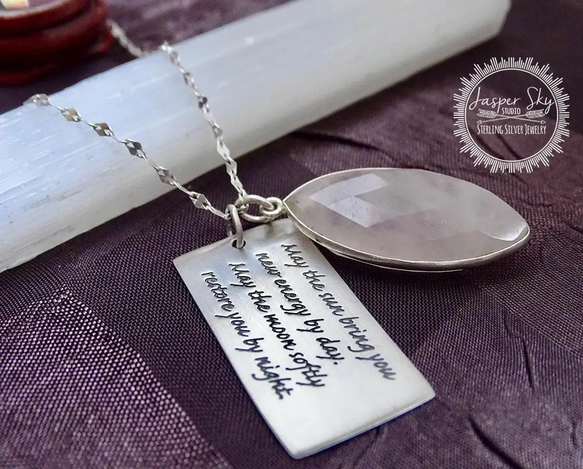 Rose Quartz Phrase Pendant - Sterling Silver with Apache Blessing, Unique Spiritual Jewelry, Perfect Meaningful Gift