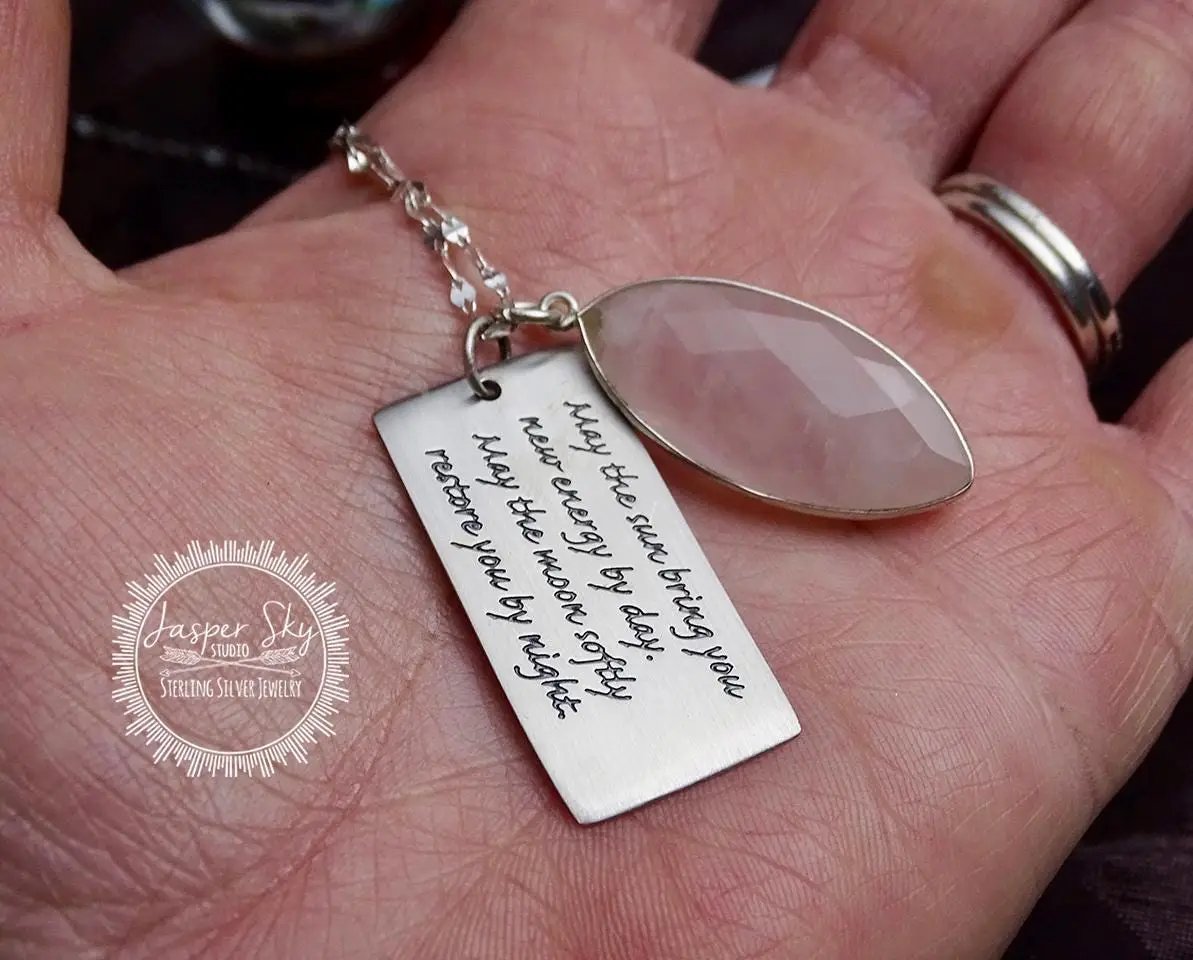 Rose Quartz Phrase Pendant - Sterling Silver with Apache Blessing, Unique Spiritual Jewelry, Perfect Meaningful Gift