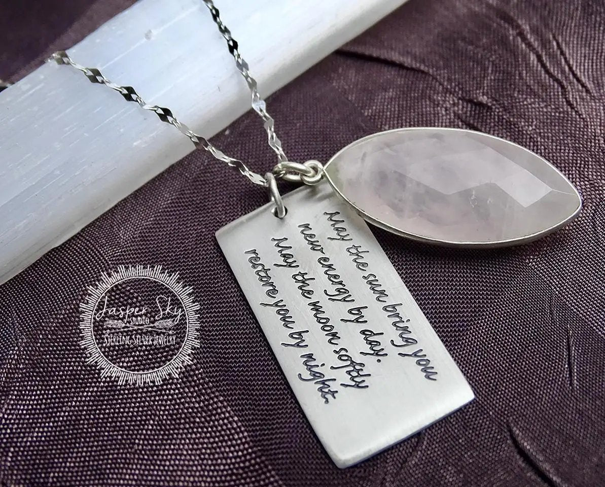 Rose Quartz Phrase Pendant - Sterling Silver with Apache Blessing, Unique Spiritual Jewelry, Perfect Meaningful Gift