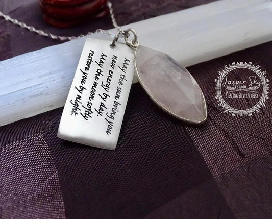 Rose Quartz Phrase Pendant - Sterling Silver with Apache Blessing, Unique Spiritual Jewelry, Perfect Meaningful Gift
