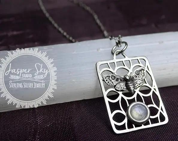 Moth Pendant in Sterling Silver with Moonstone, Nature-Inspired Jewelry for Special Occasions, Unique Gift