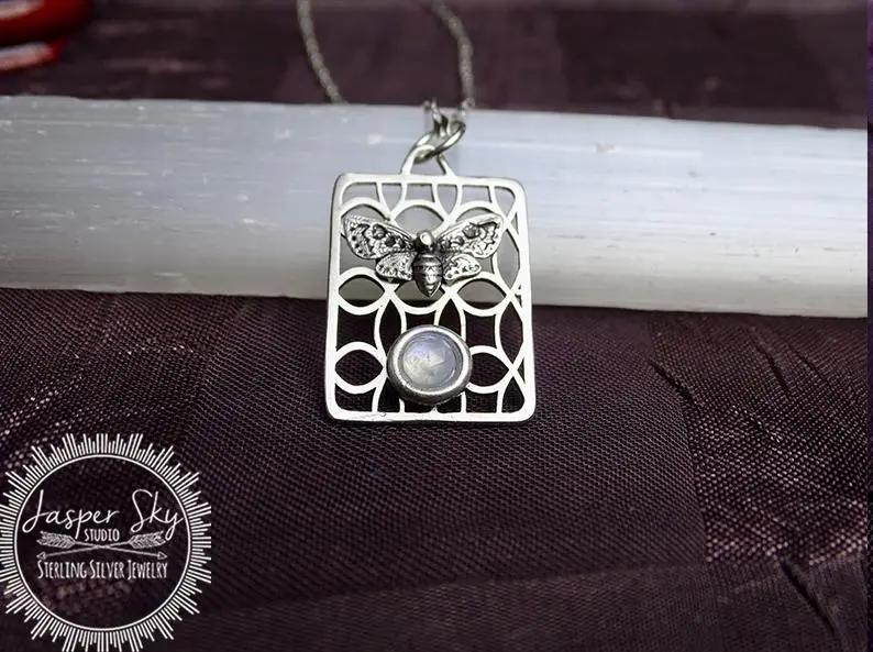 Moth Pendant in Sterling Silver with Moonstone, Nature-Inspired Jewelry for Special Occasions, Unique Gift