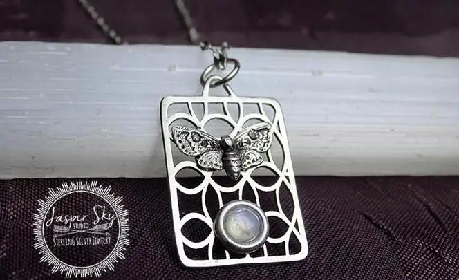 Moth Pendant in Sterling Silver with Moonstone, Nature-Inspired Jewelry for Special Occasions, Unique Gift