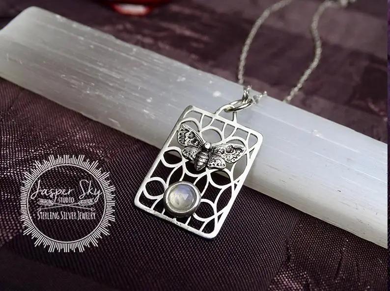 Moth Pendant in Sterling Silver with Moonstone, Nature-Inspired Jewelry for Special Occasions, Unique Gift