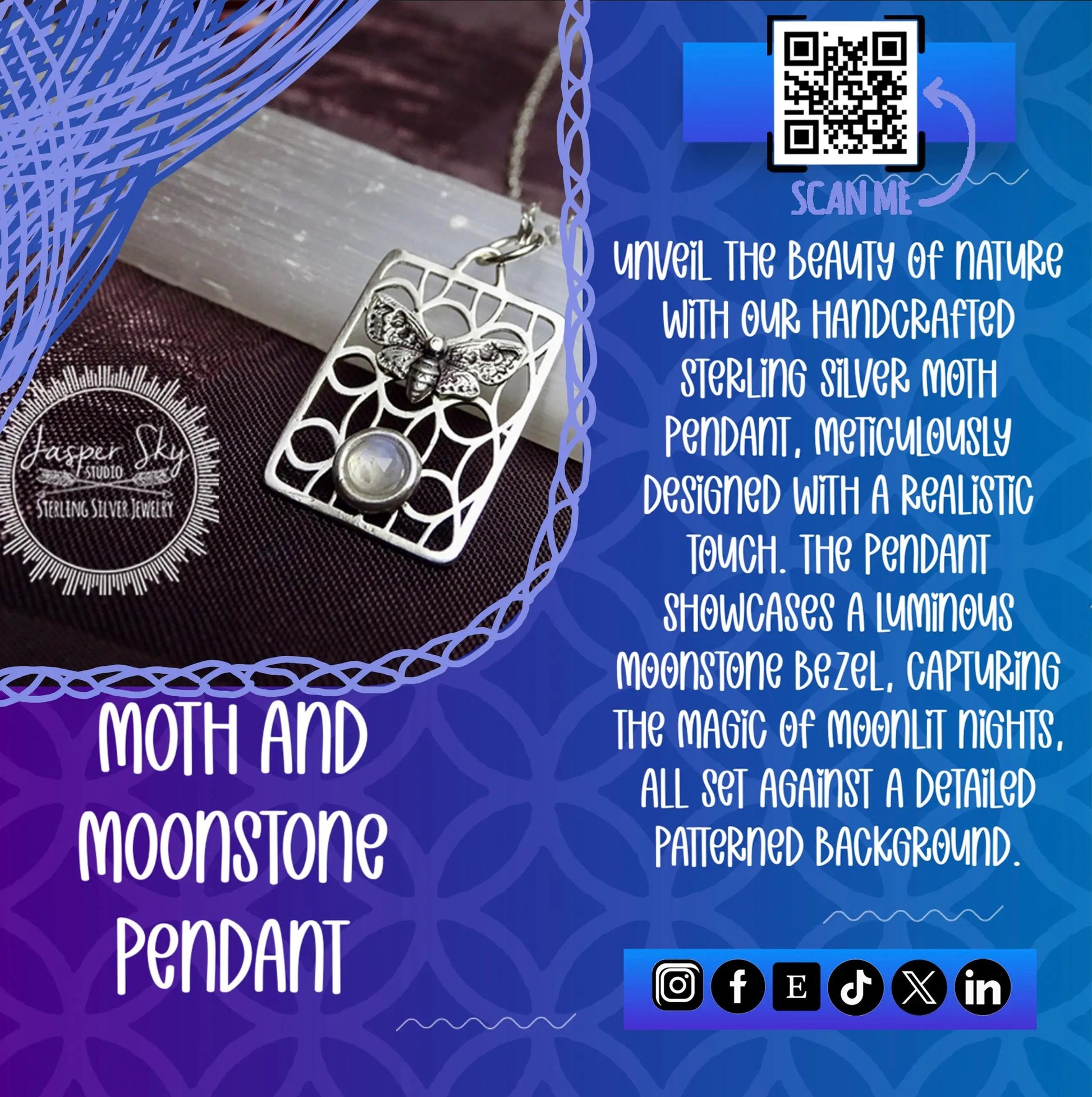Moth Pendant in Sterling Silver with Moonstone, Nature-Inspired Jewelry for Special Occasions, Unique Gift