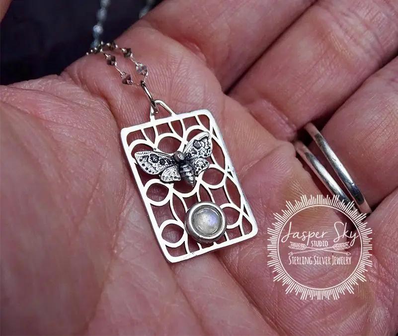 Moth Pendant in Sterling Silver with Moonstone, Nature-Inspired Jewelry for Special Occasions, Unique Gift