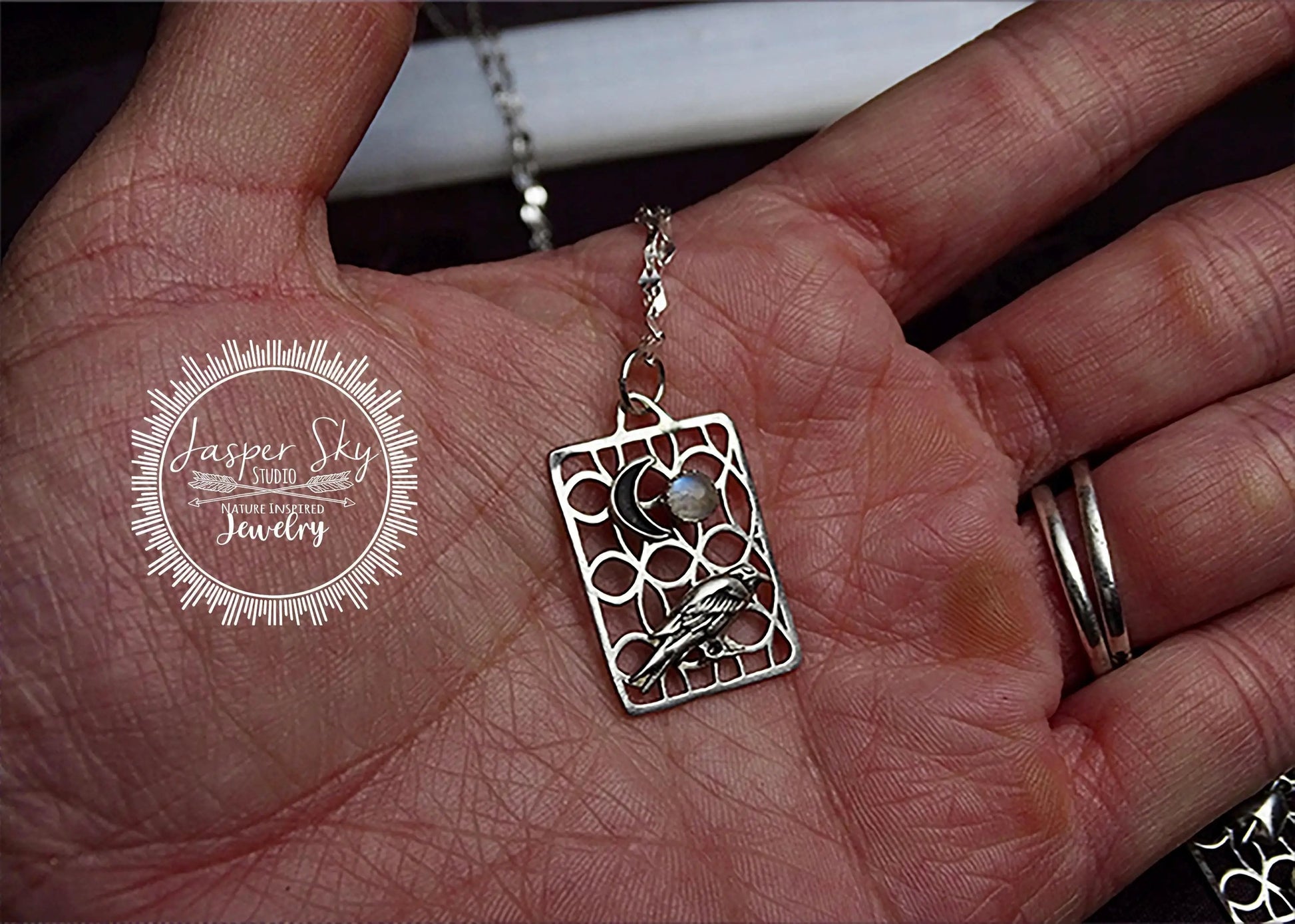Raven Moon Pendant in Sterling Silver with Moonstone - Nature-Inspired Jewelry for Special Occasions