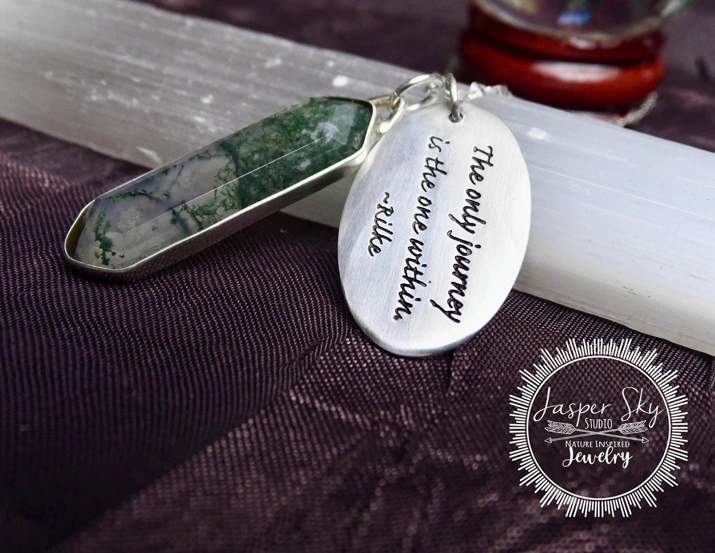 Engraved Moss Agate Pendant - Sterling Silver Rilke Quote - Inspirational Journey Gift   - Unique Holiday Gift