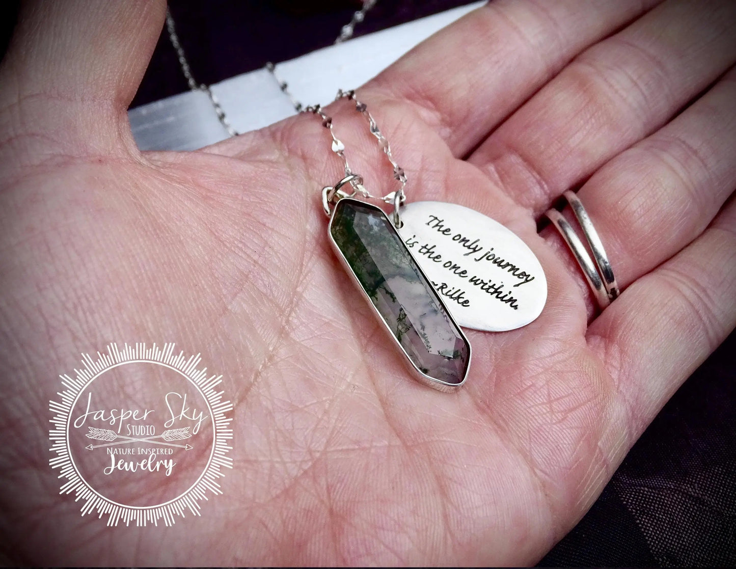 Engraved Moss Agate Pendant - Sterling Silver Rilke Quote - Inspirational Journey Gift   - Unique Holiday Gift