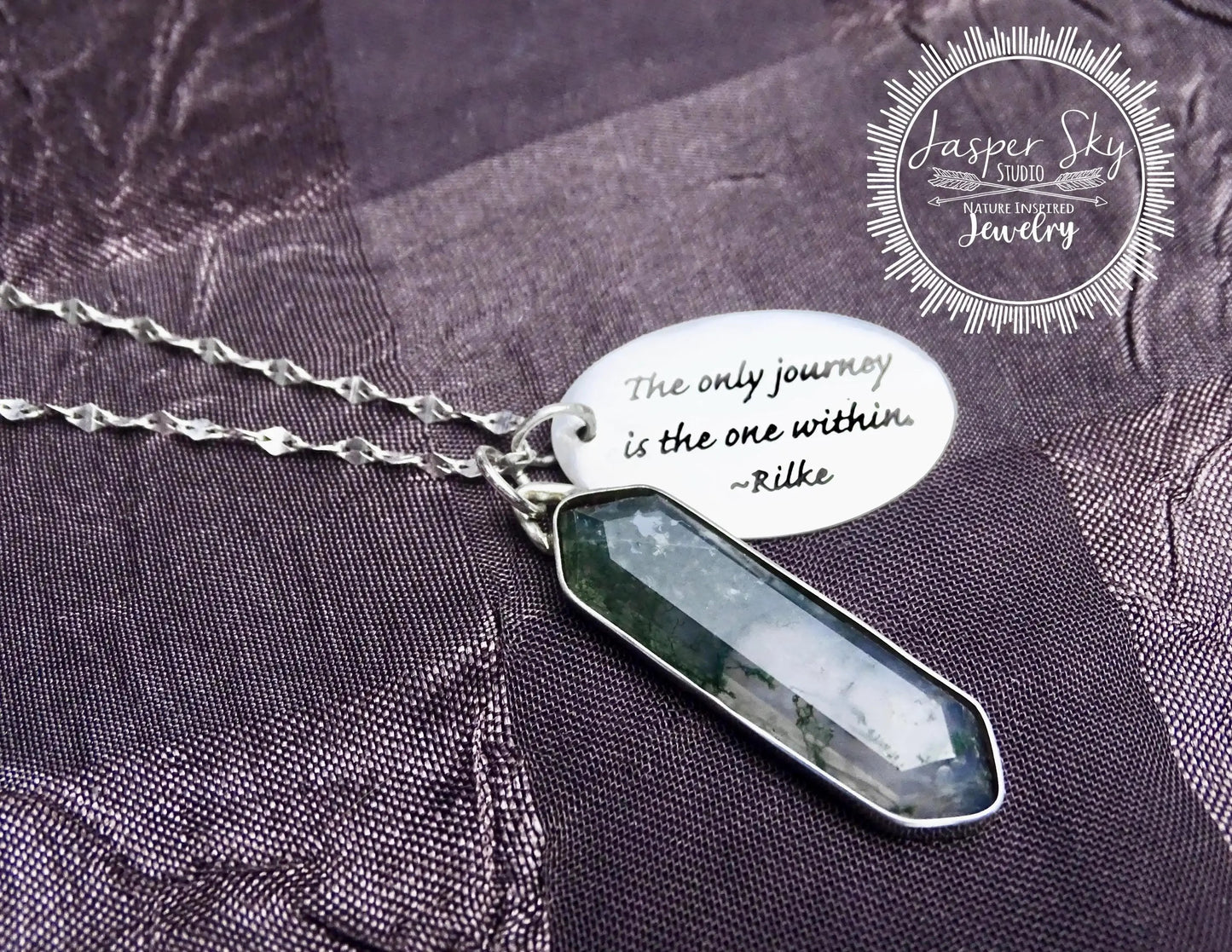 Engraved Moss Agate Pendant - Sterling Silver Rilke Quote - Inspirational Journey Gift   - Unique Holiday Gift