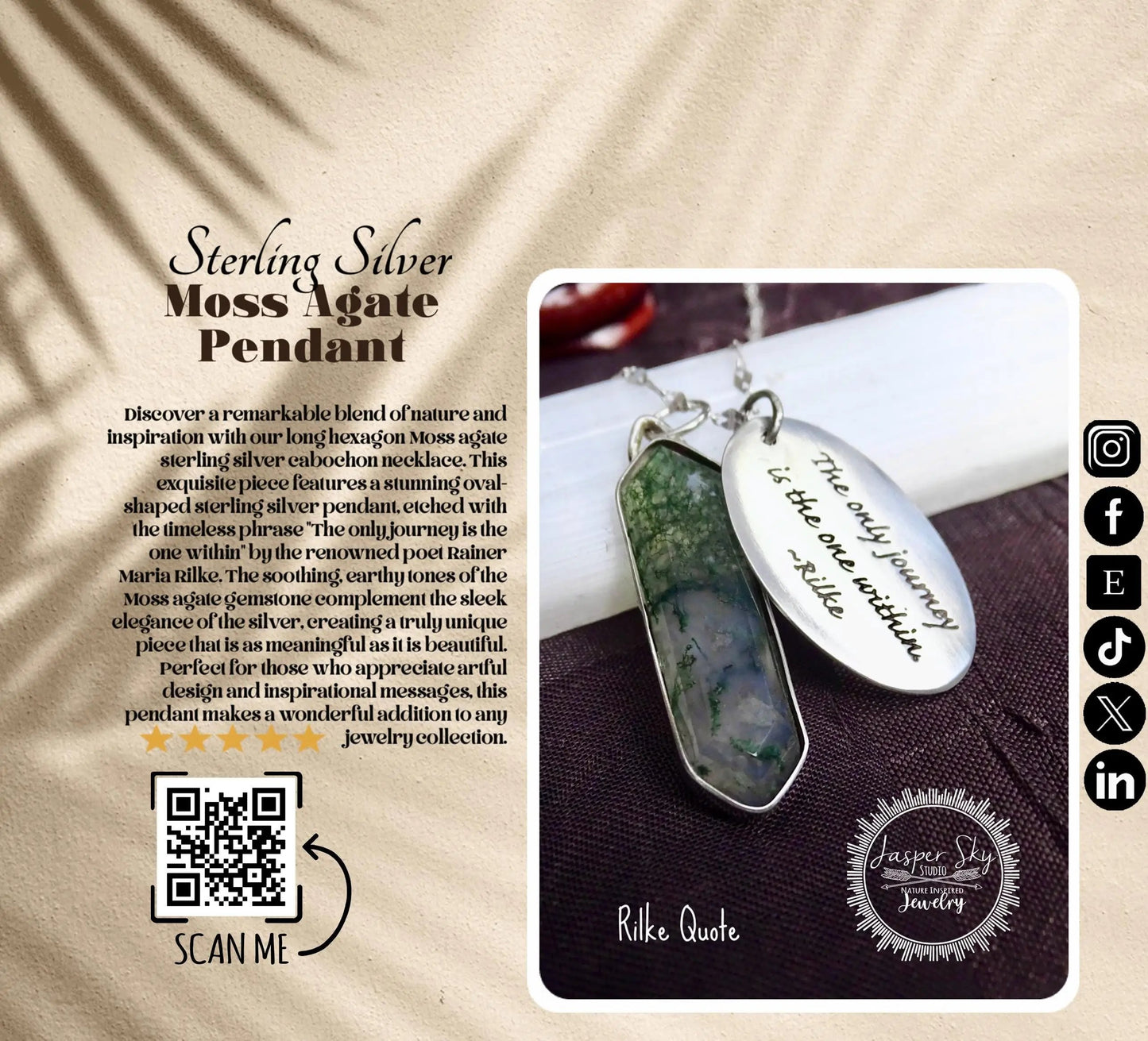 Engraved Moss Agate Pendant - Sterling Silver Rilke Quote - Inspirational Journey Gift   - Unique Holiday Gift
