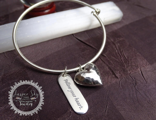 Handcrafted Sterling Silver Heart Charm Bangle Bracelet - Unique  Inspirational Jewelry - Gift for Christmas