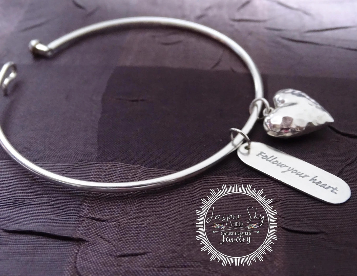 Handcrafted Sterling Silver Heart Charm Bangle Bracelet - Unique  Inspirational Jewelry - Gift for Christmas