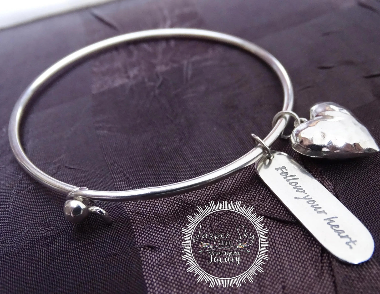 Handcrafted Sterling Silver Heart Charm Bangle Bracelet - Unique  Inspirational Jewelry - Gift for Christmas