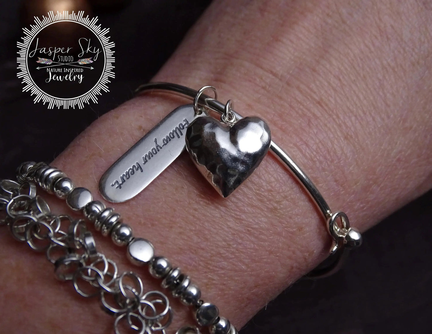 Handcrafted Sterling Silver Heart Charm Bangle Bracelet - Unique  Inspirational Jewelry - Gift for Christmas