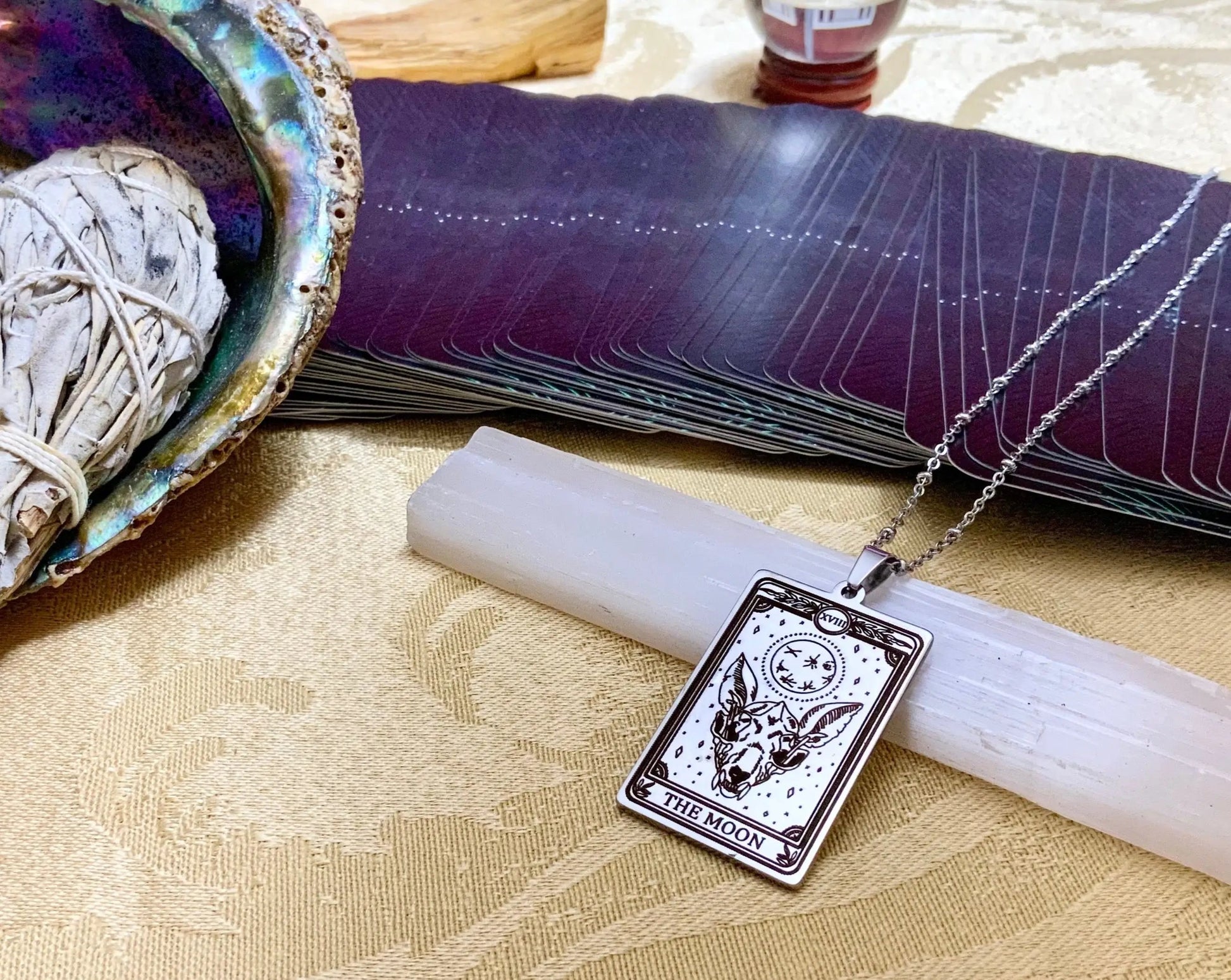 the moon tarot card necklace pendant - silver tarot