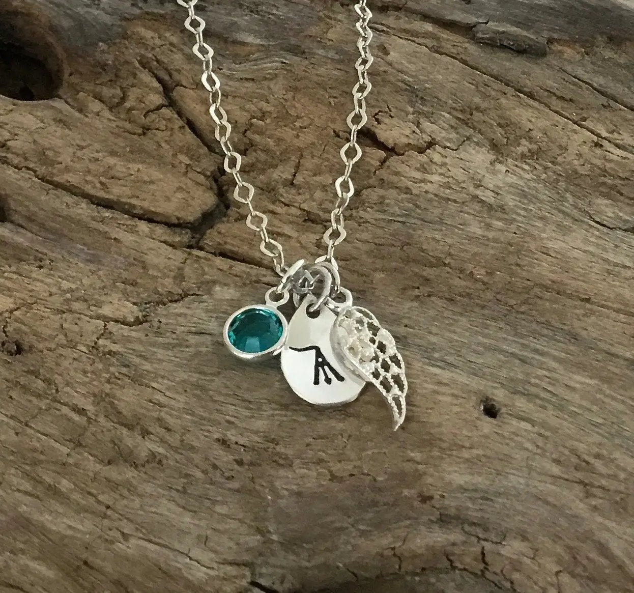 birthstone sterling silver angel wing initial necklace