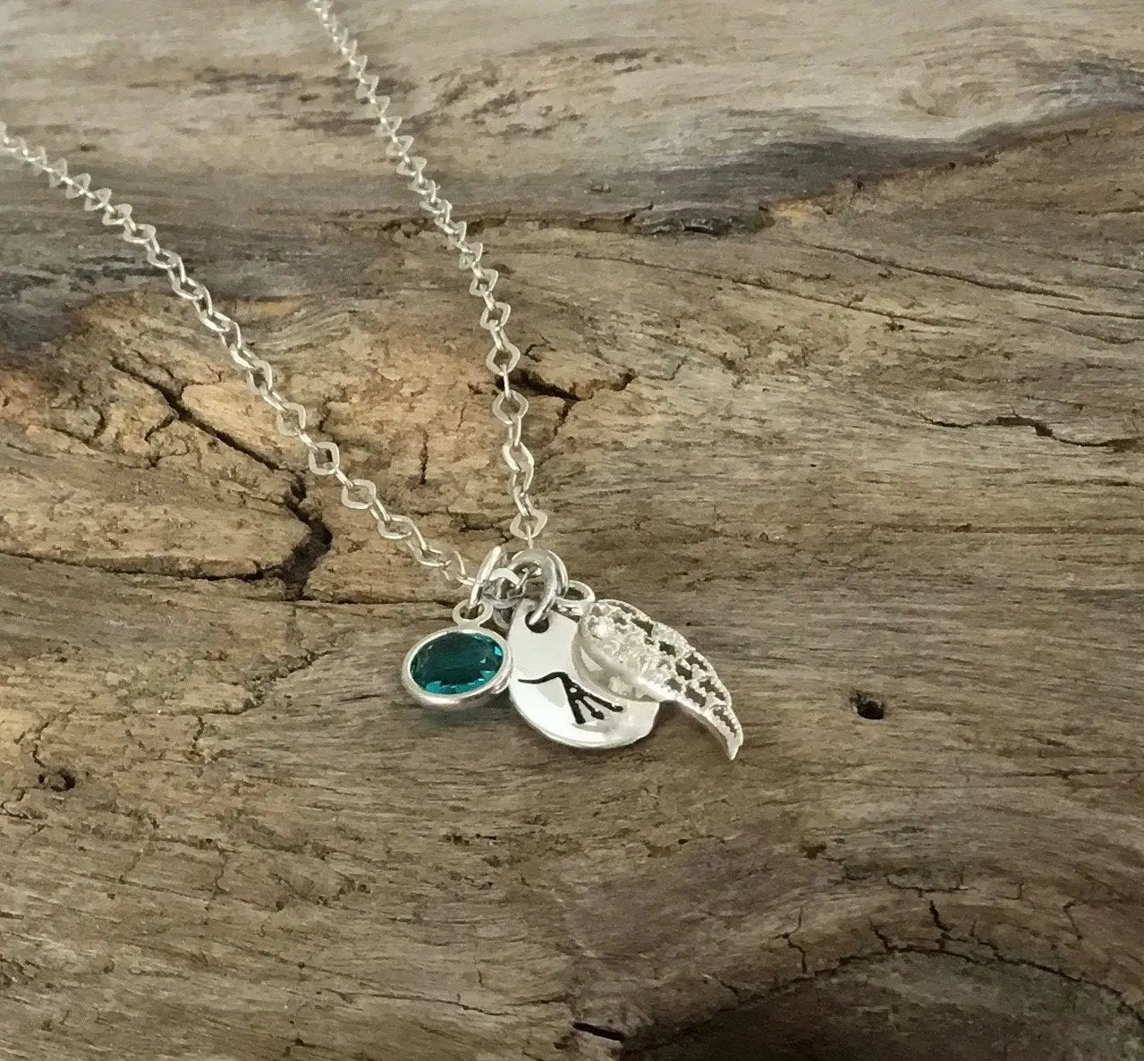 birthstone sterling silver angel wing initial necklace