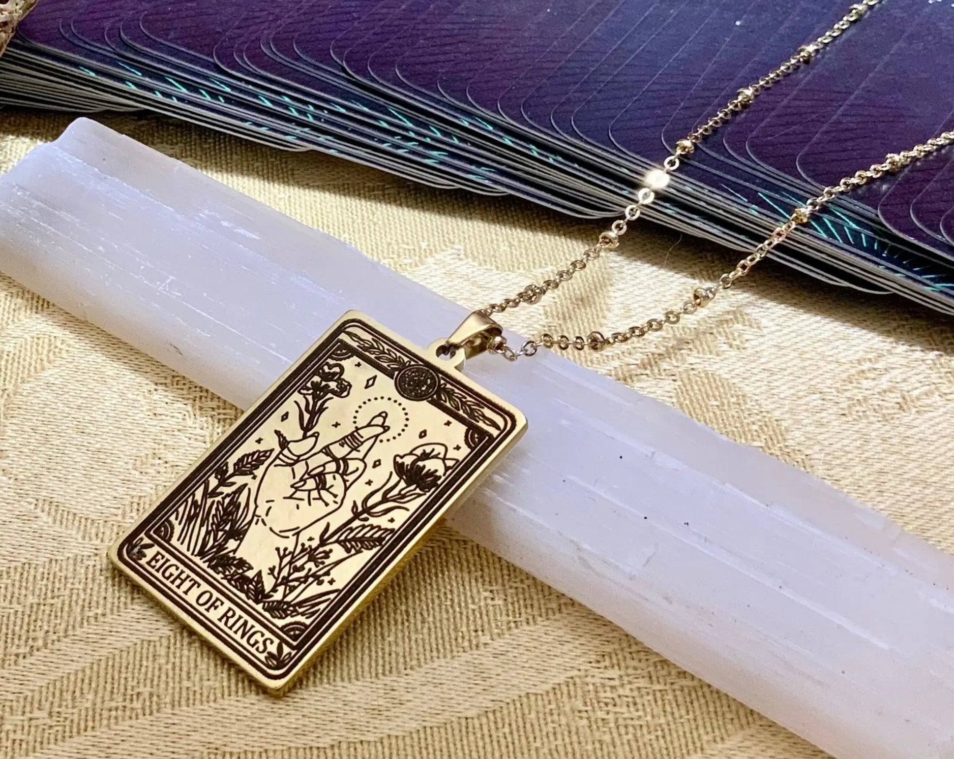 eight of rings tarot card necklace