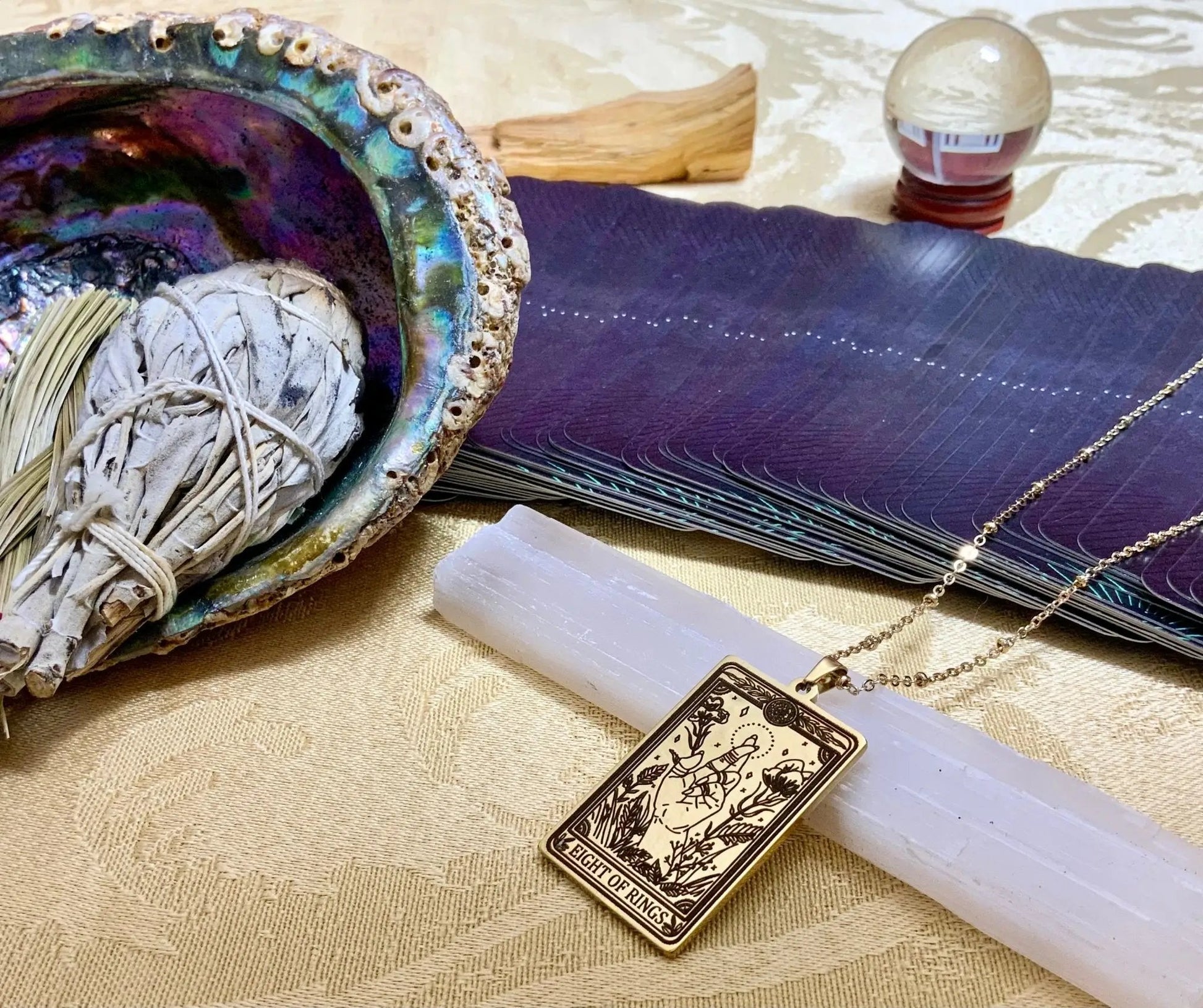 eight of rings tarot card necklace