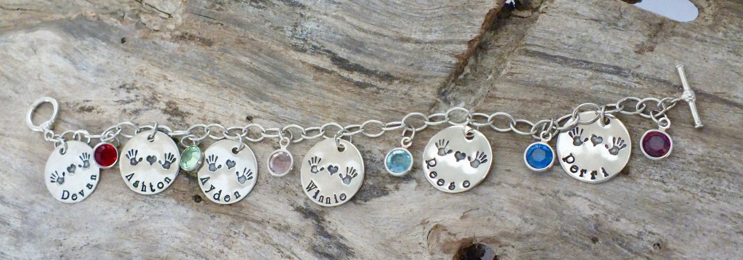 Sterling Silver Mothers Bracelet with Names and Birthstones