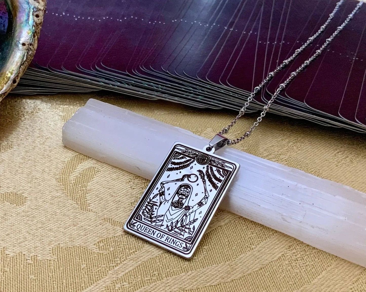 Queen of Rings Tarot Card Necklace 