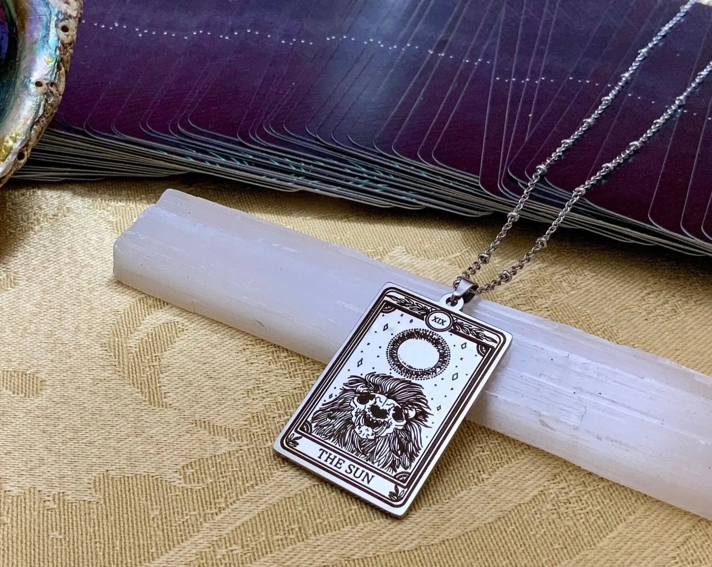 sun tarot card necklace pendant - silver tarot