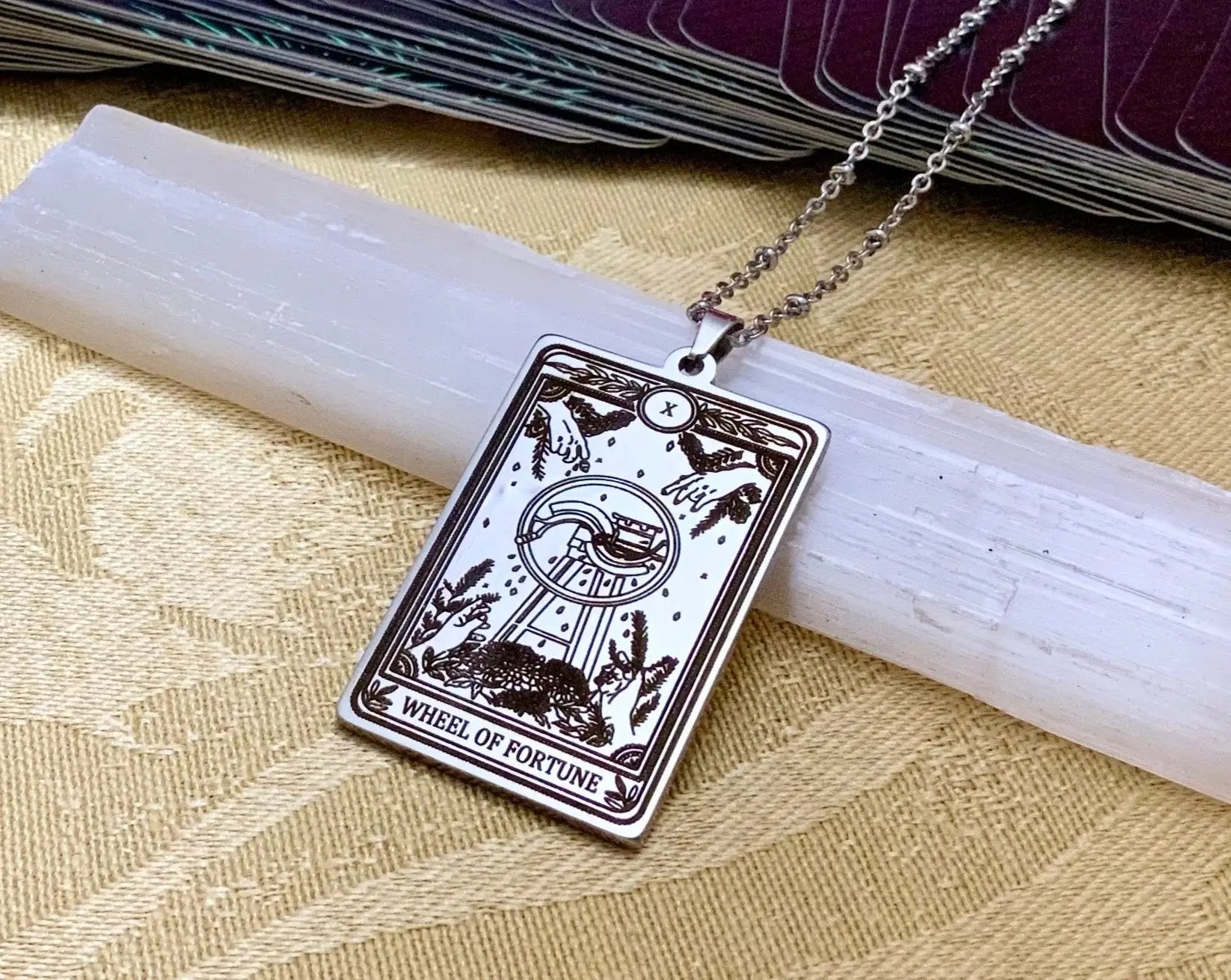wheel of fortune tarot necklace pendant - silver tarot